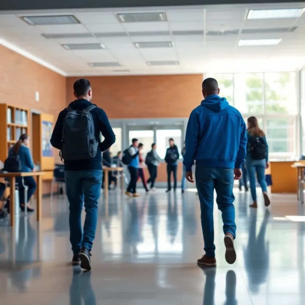 A somber view of an empty school hallway symbolizing safety concerns in schools.