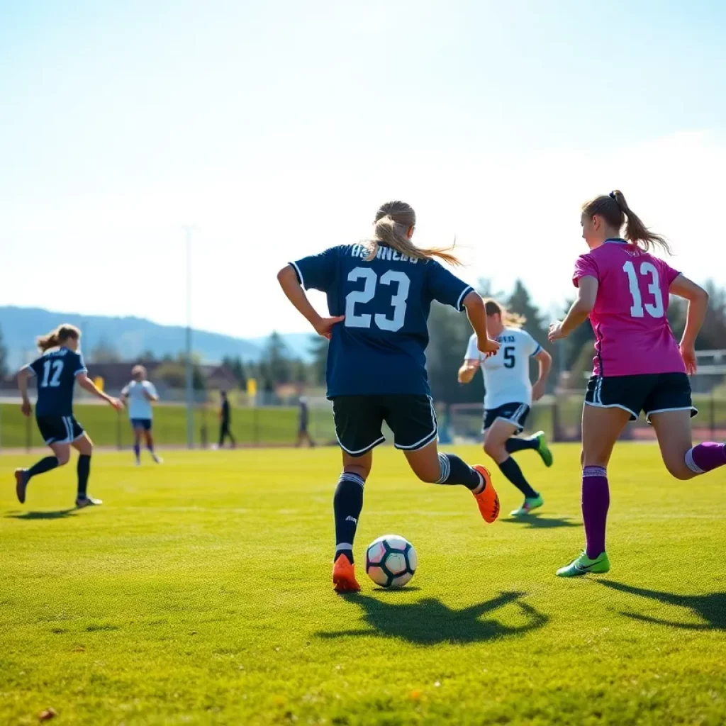 High school soccer players competing on a Central Oregon field