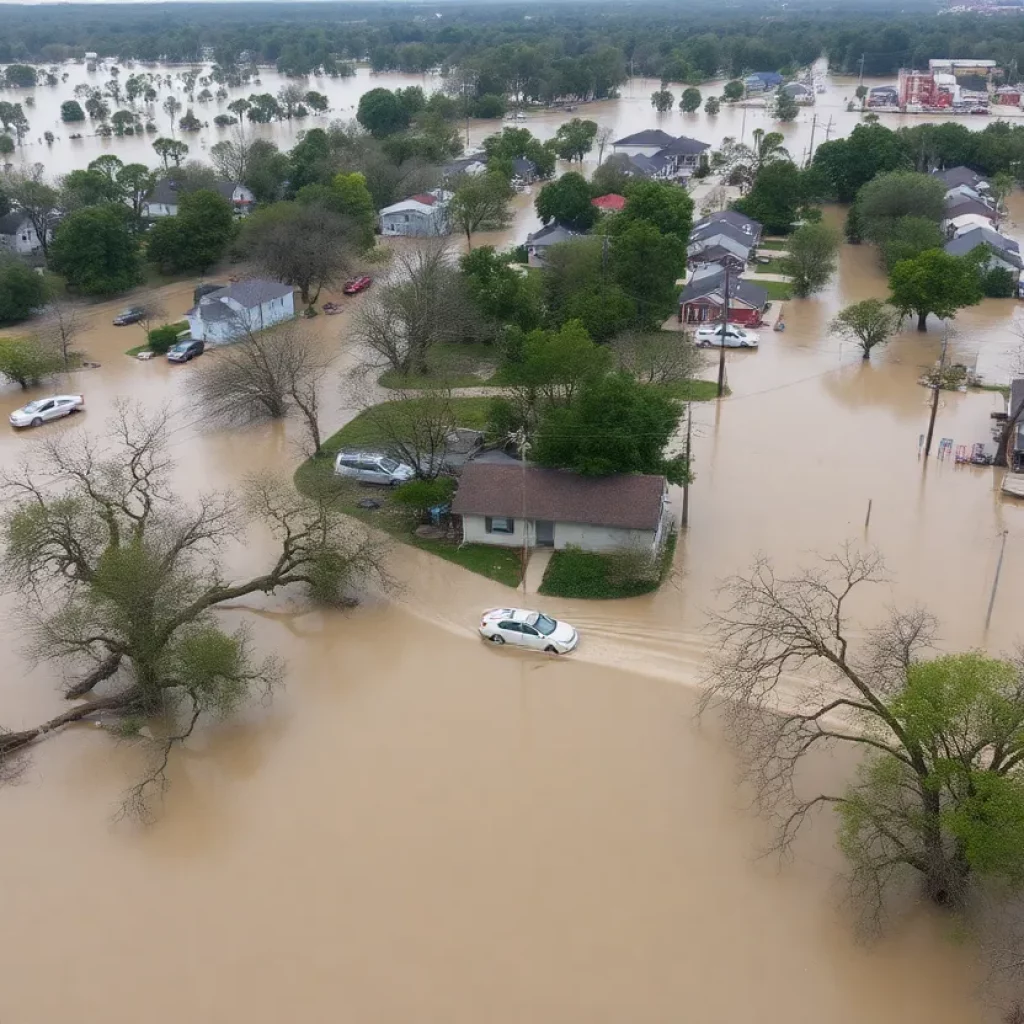 Aerial view showing the aftermath of floods in Central Texas with rescue teams and flooded landscape.