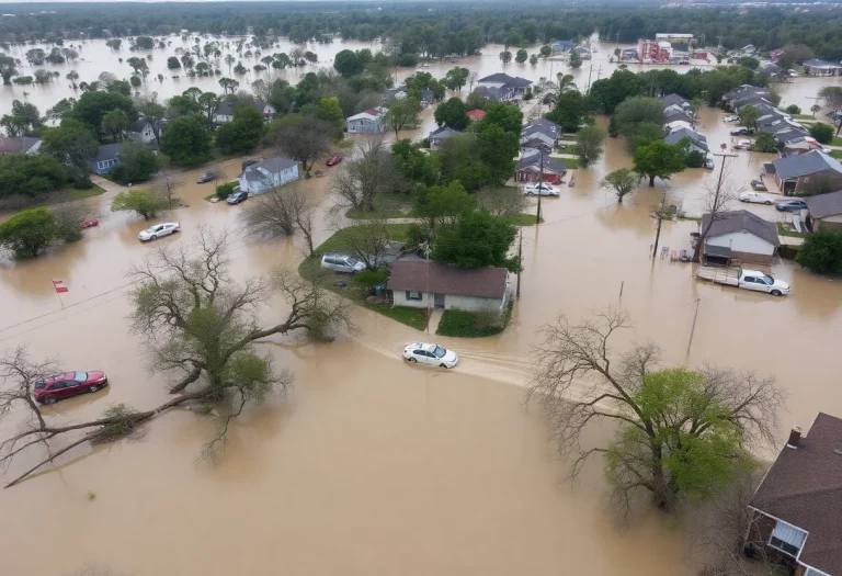 Aerial view showing the aftermath of floods in Central Texas with rescue teams and flooded landscape.