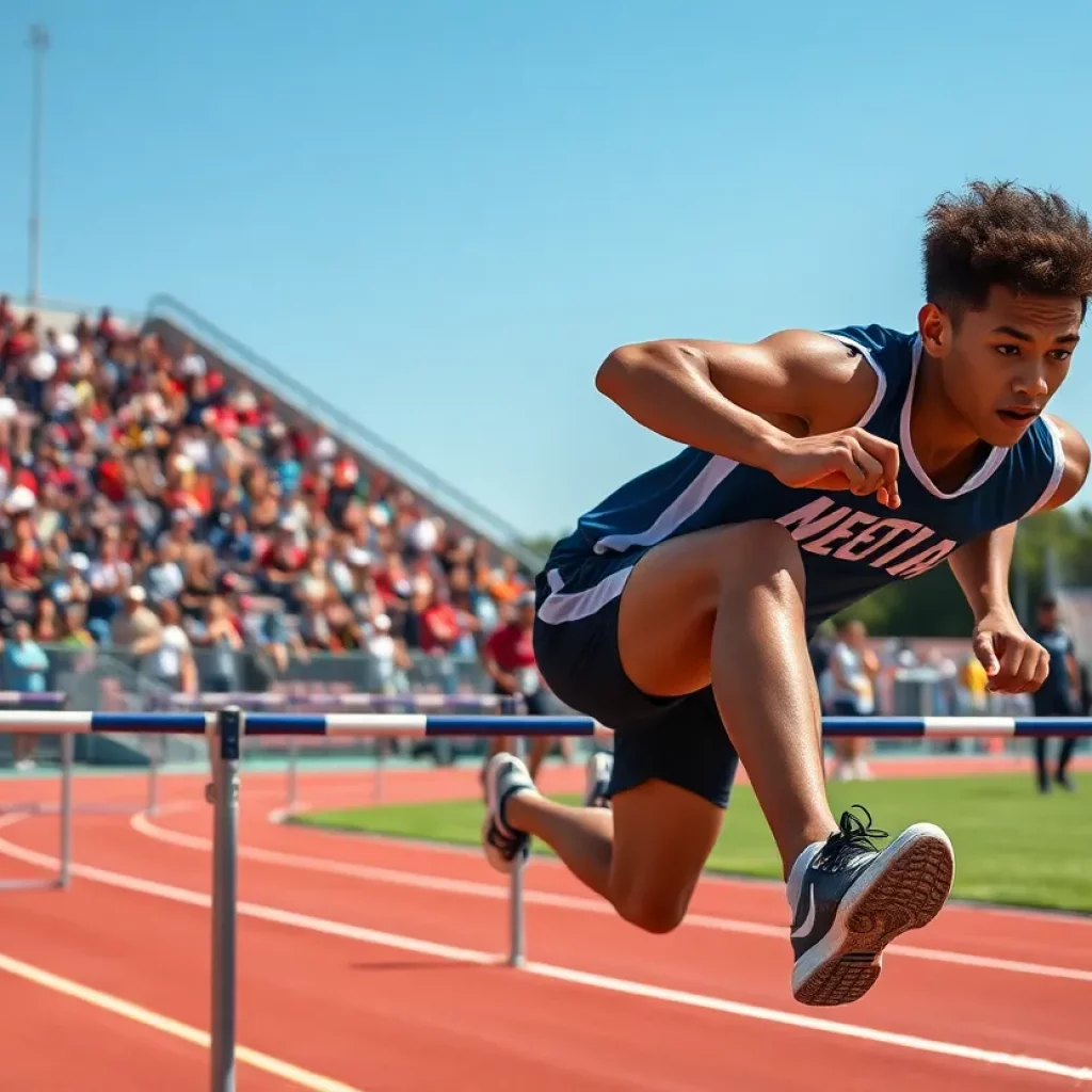 High school track athlete performing hurdles