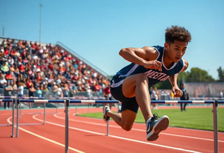 High school track athlete performing hurdles