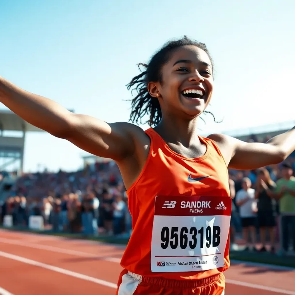 Celebration of a young female track athlete on the track