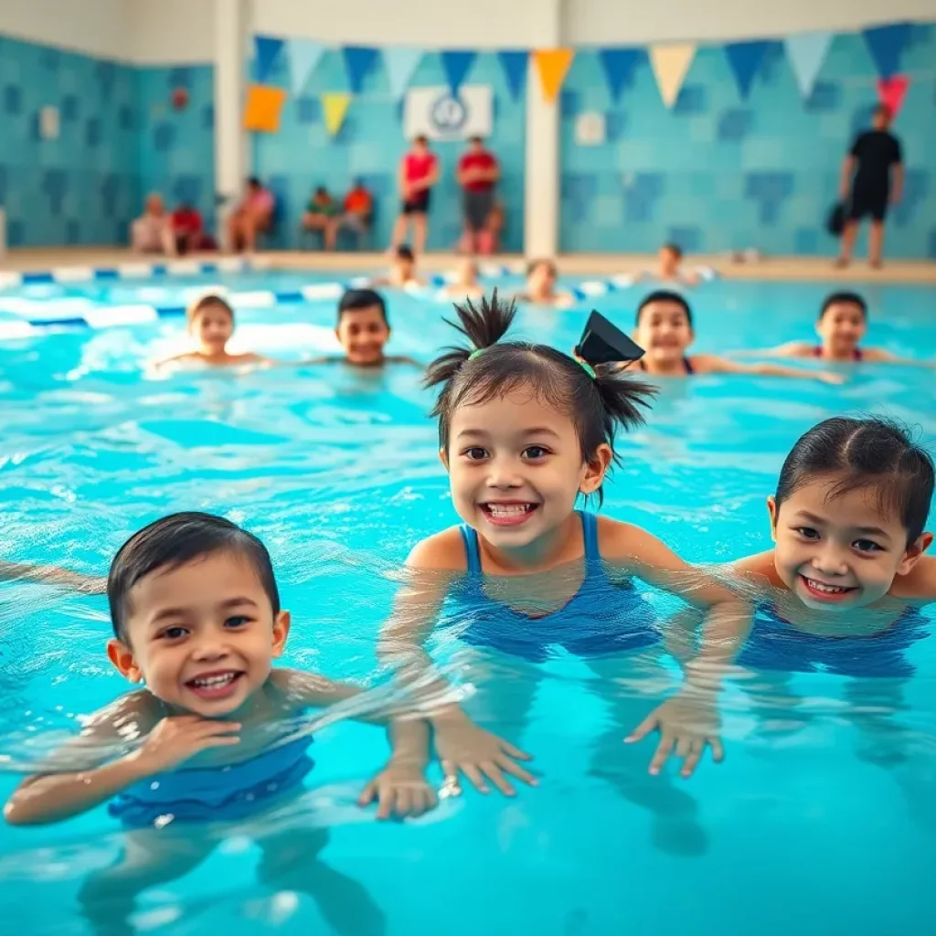 Children with special needs enjoying swimming lessons in a community pool.