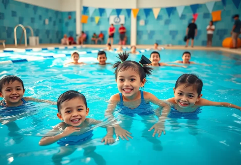 Children with special needs enjoying swimming lessons in a community pool.