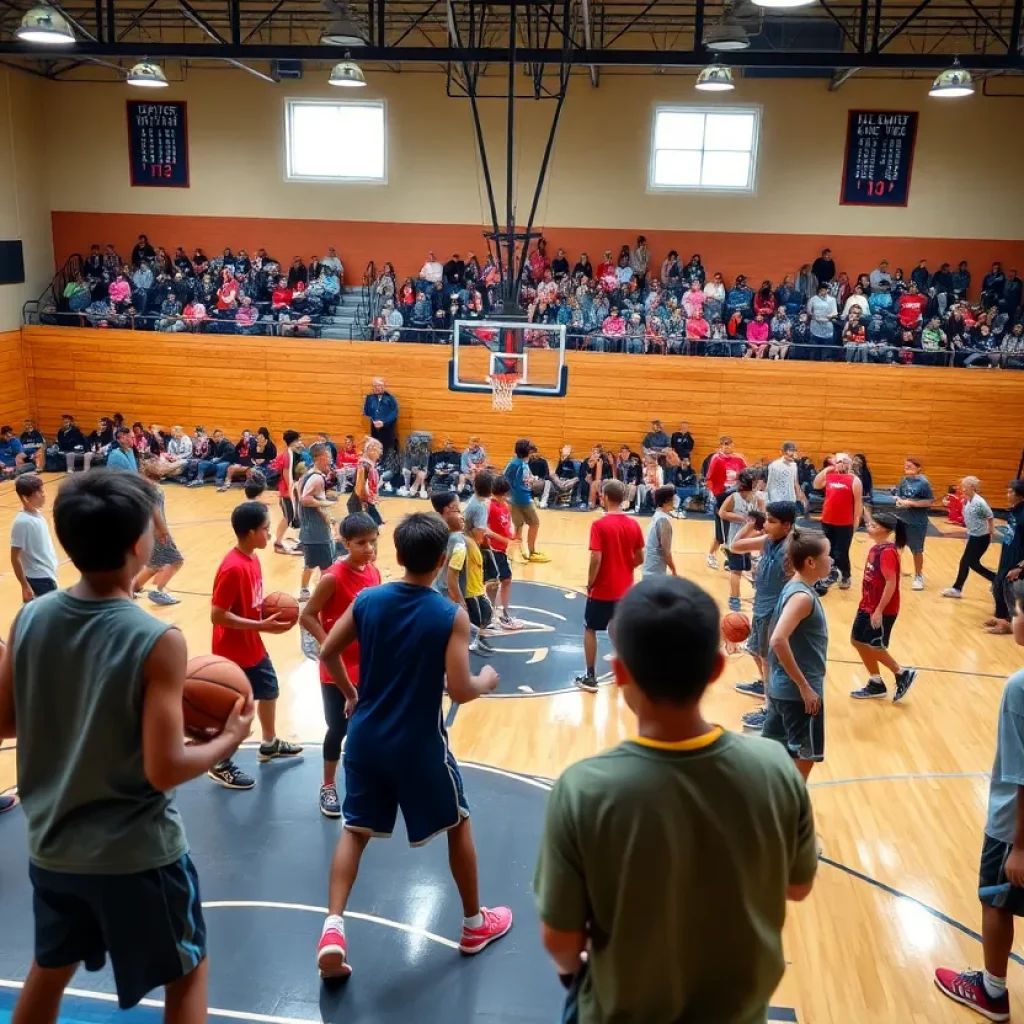 High school basketball players practicing in a gym
