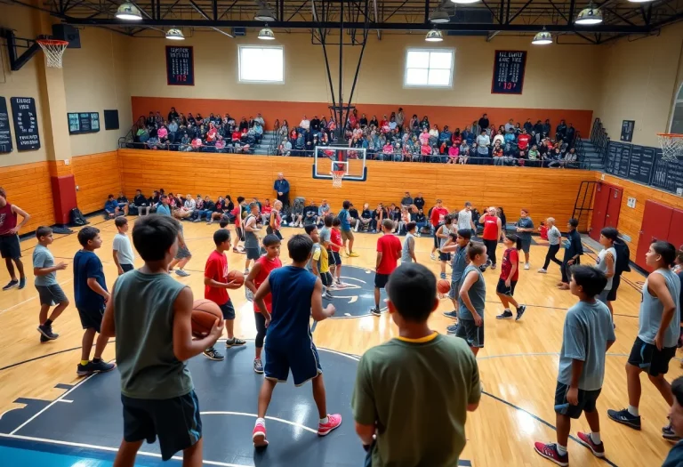 High school basketball players practicing in a gym