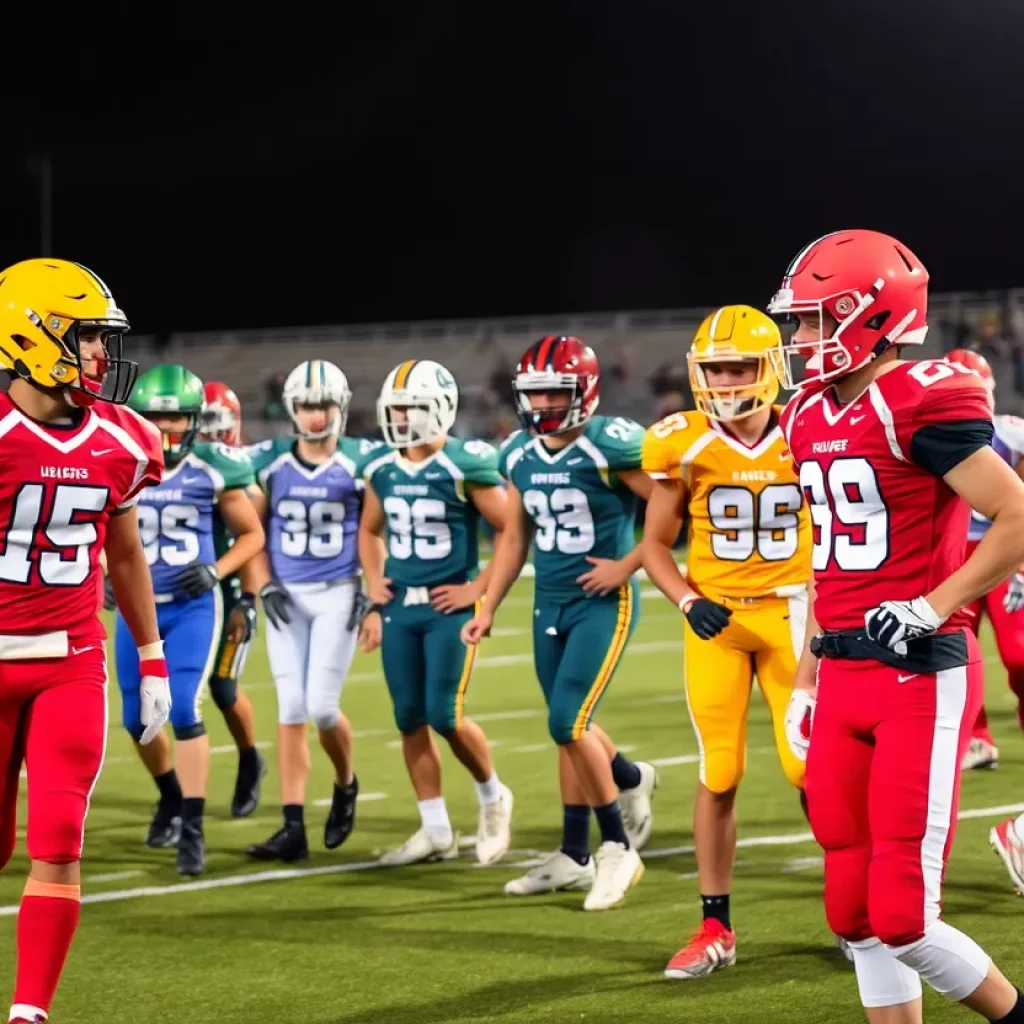 High school football players in vibrant Cincinnati uniforms