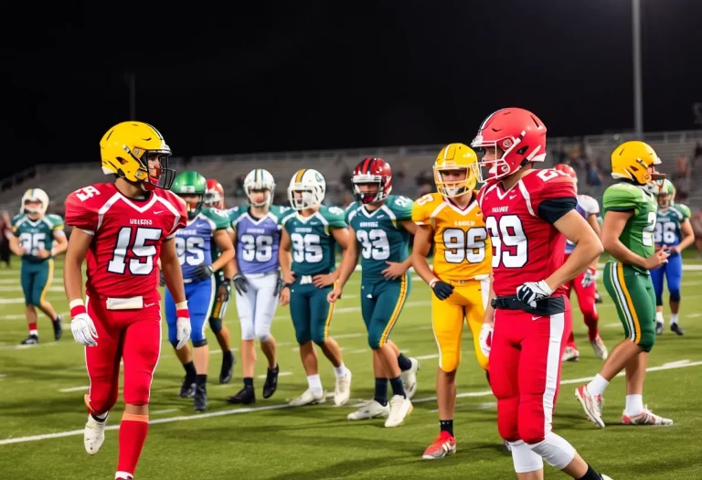 High school football players in vibrant Cincinnati uniforms