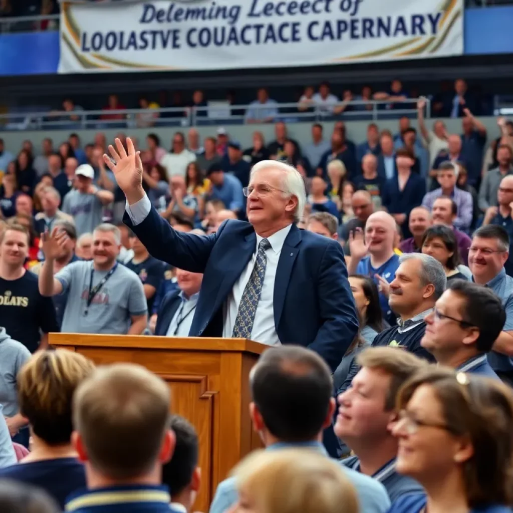 Crowd celebrating at the coach's induction ceremony