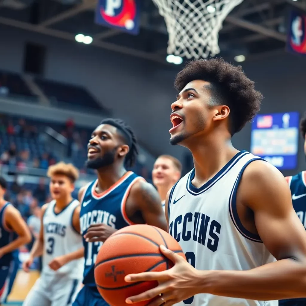 A dynamic basketball game scene showcasing players in action.