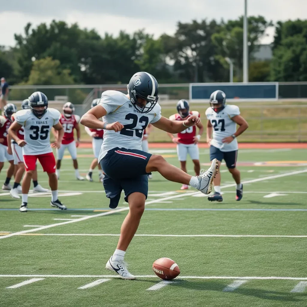 College football players practicing kicking drills on the field