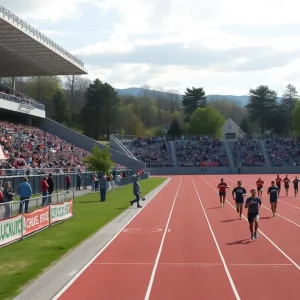 A vibrant college track stadium during an athletic event.