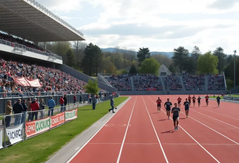 A vibrant college track stadium during an athletic event.