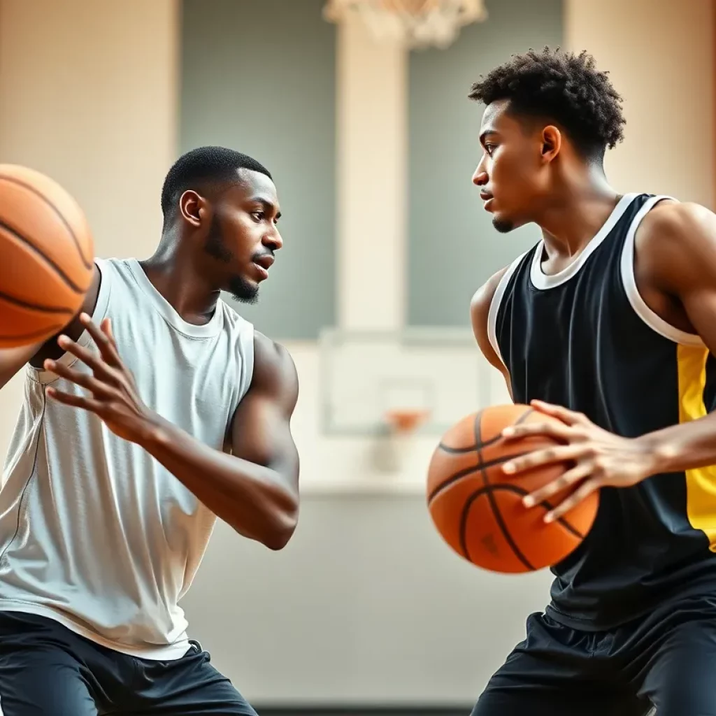 Training session between two basketball players in a gym