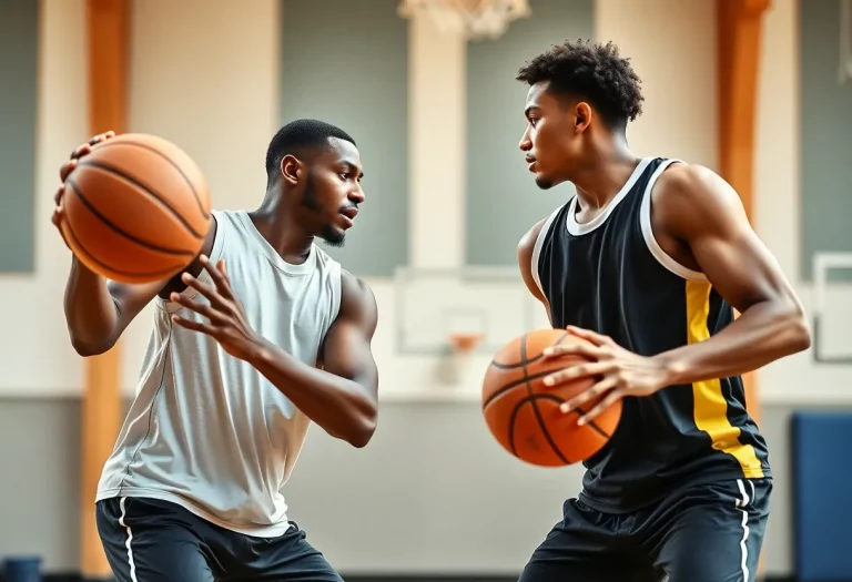 Training session between two basketball players in a gym
