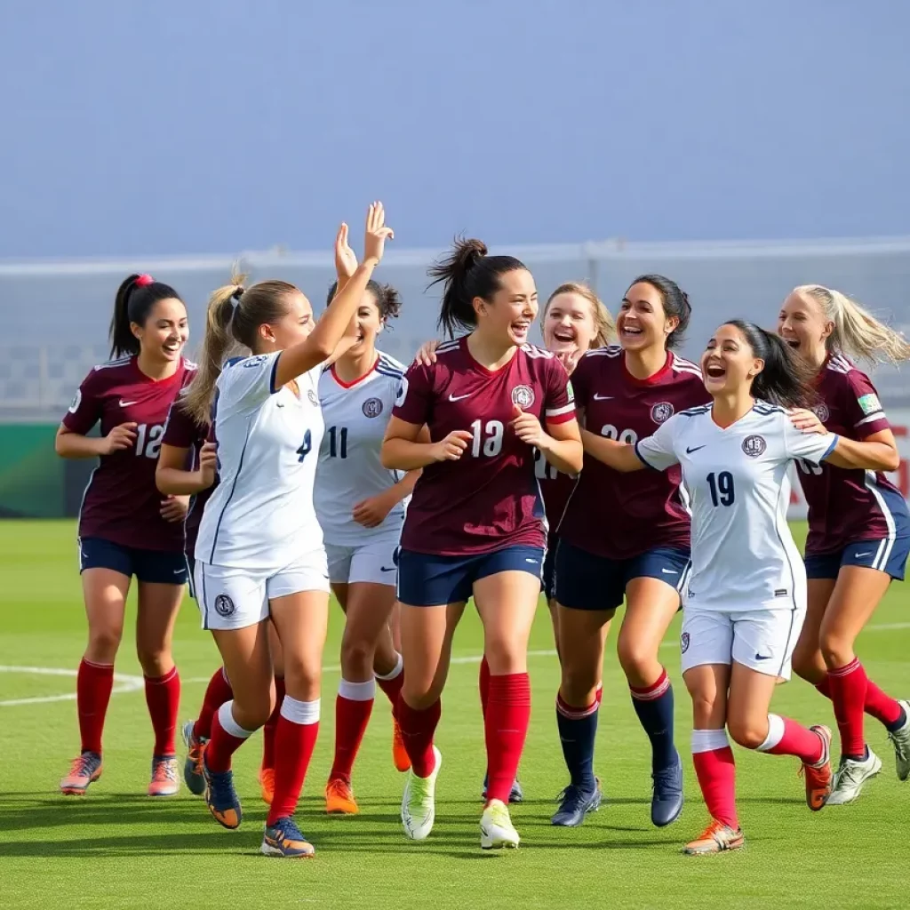 Columbia women's soccer team celebrating on the field