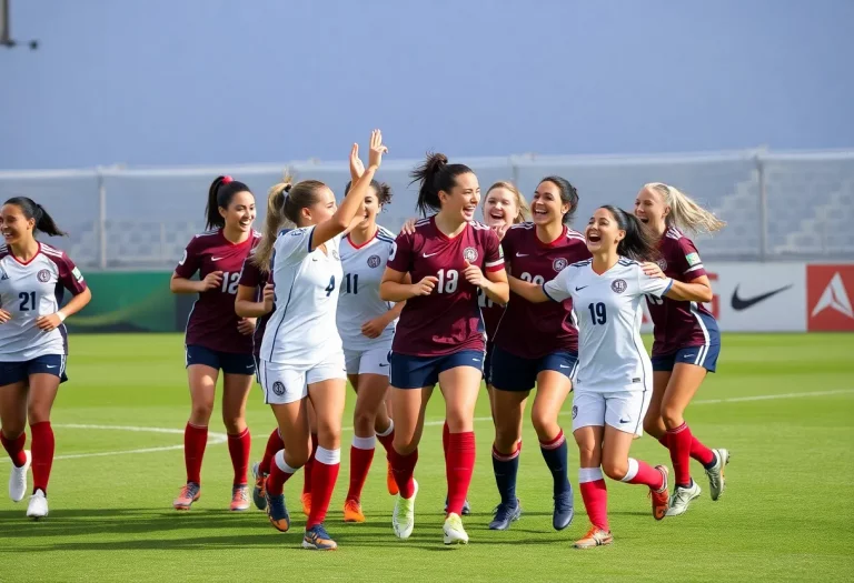 Columbia women's soccer team celebrating on the field
