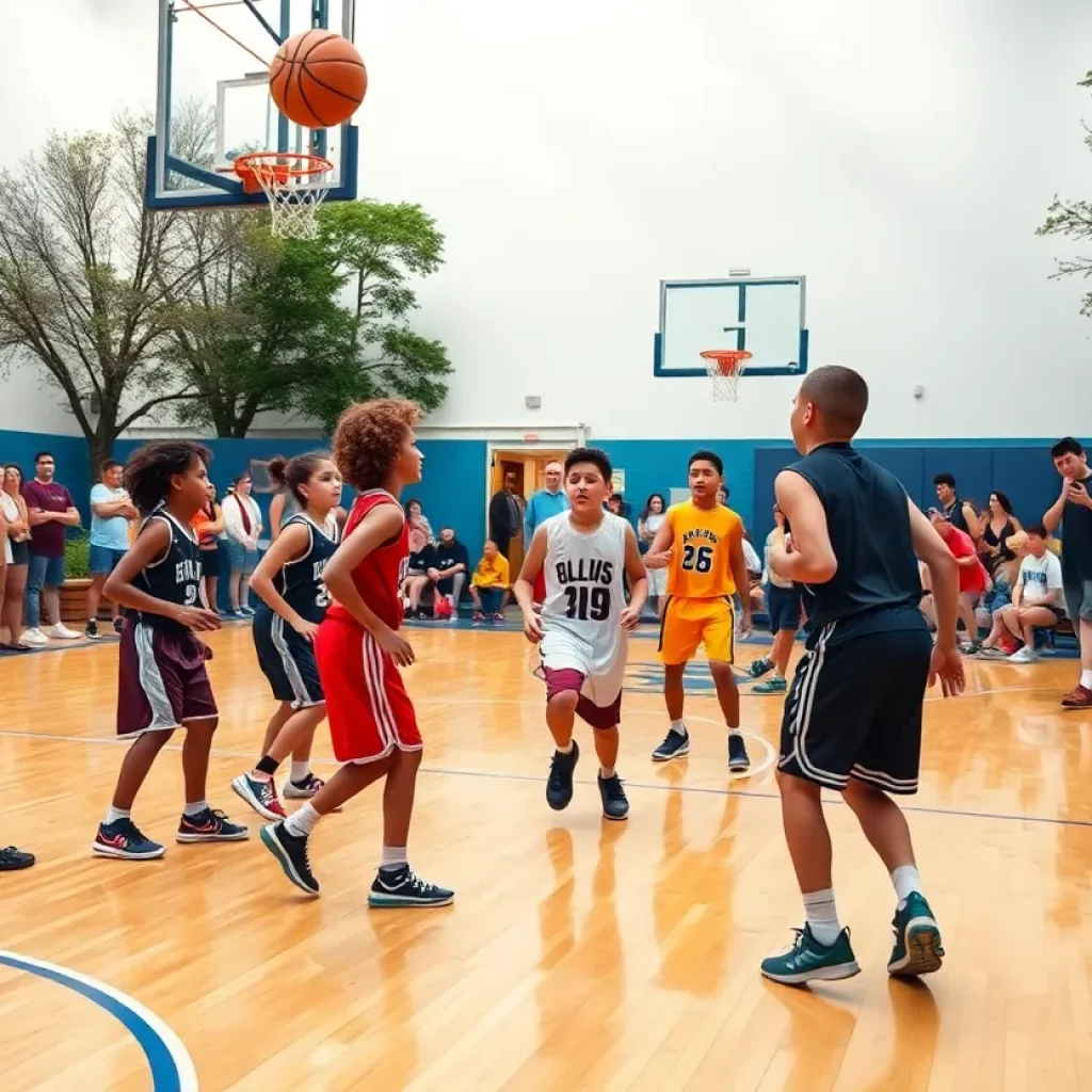 Young athletes playing basketball in a spirited community game