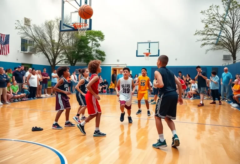 Young athletes playing basketball in a spirited community game