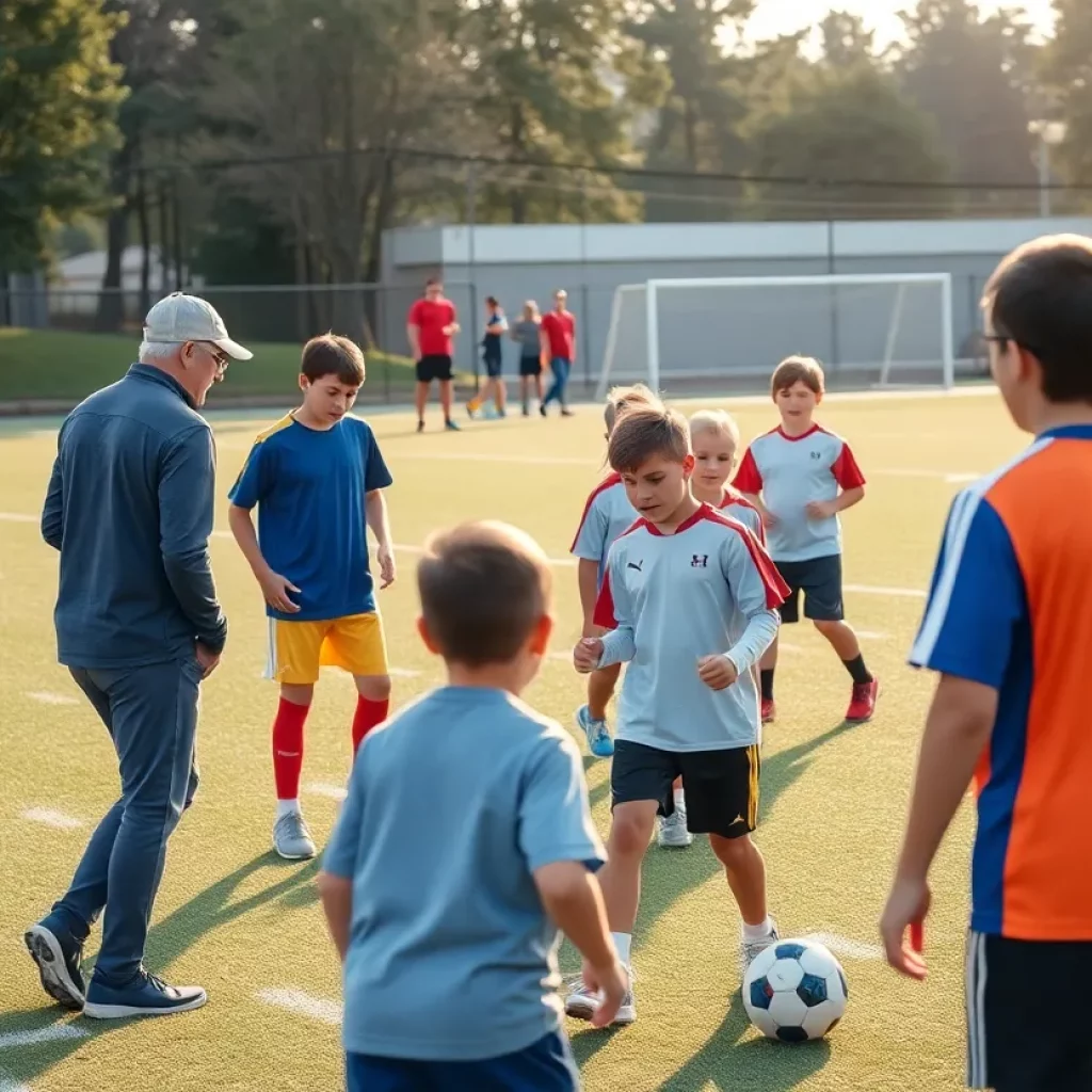 Young athletes practicing football under the guidance of coaches