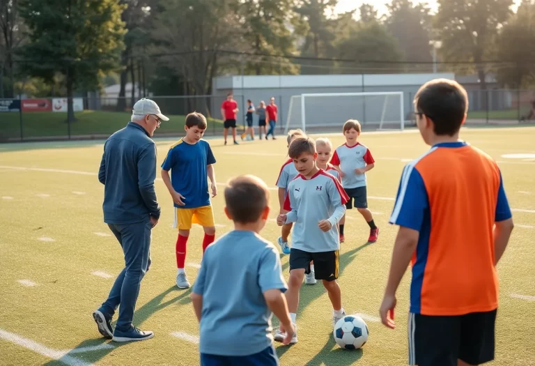 Young athletes practicing football under the guidance of coaches