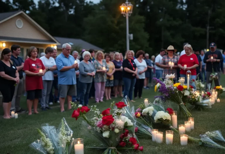 Community members gather for a memorial honoring two teenagers lost to lightning strikes.