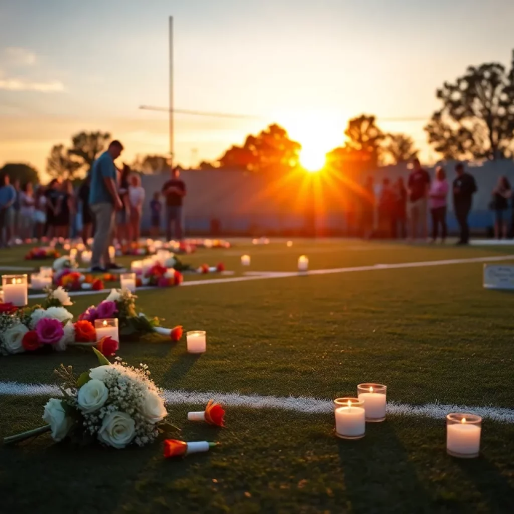 Community gathering for remembrance on a football field