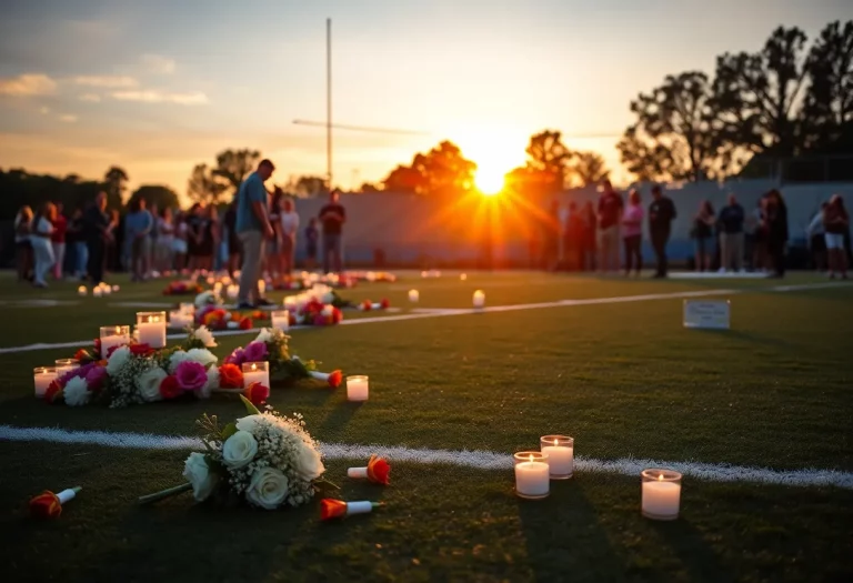 Community gathering for remembrance on a football field