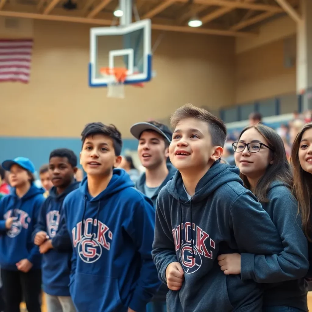 Fans at a basketball game showing disappointment and support