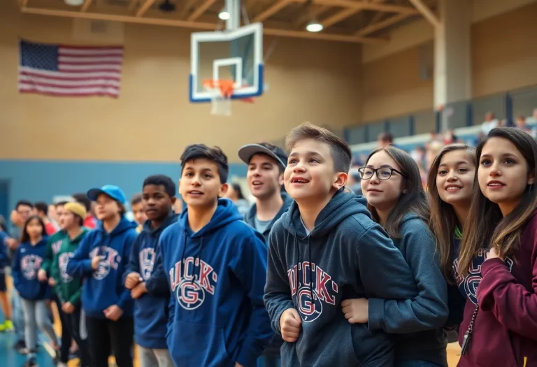 Fans at a basketball game showing disappointment and support