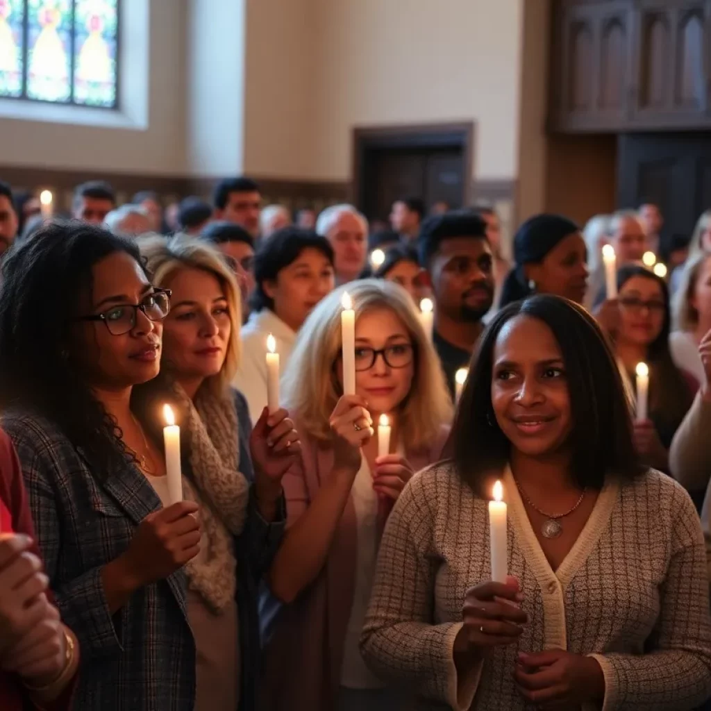 Community members gather during a vigil for an immigrant, holding candles and expressing solidarity.