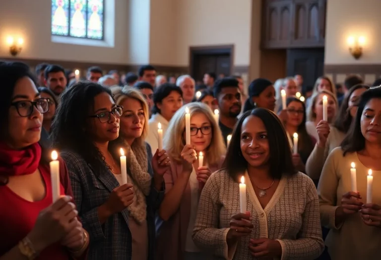 Community members gather during a vigil for an immigrant, holding candles and expressing solidarity.