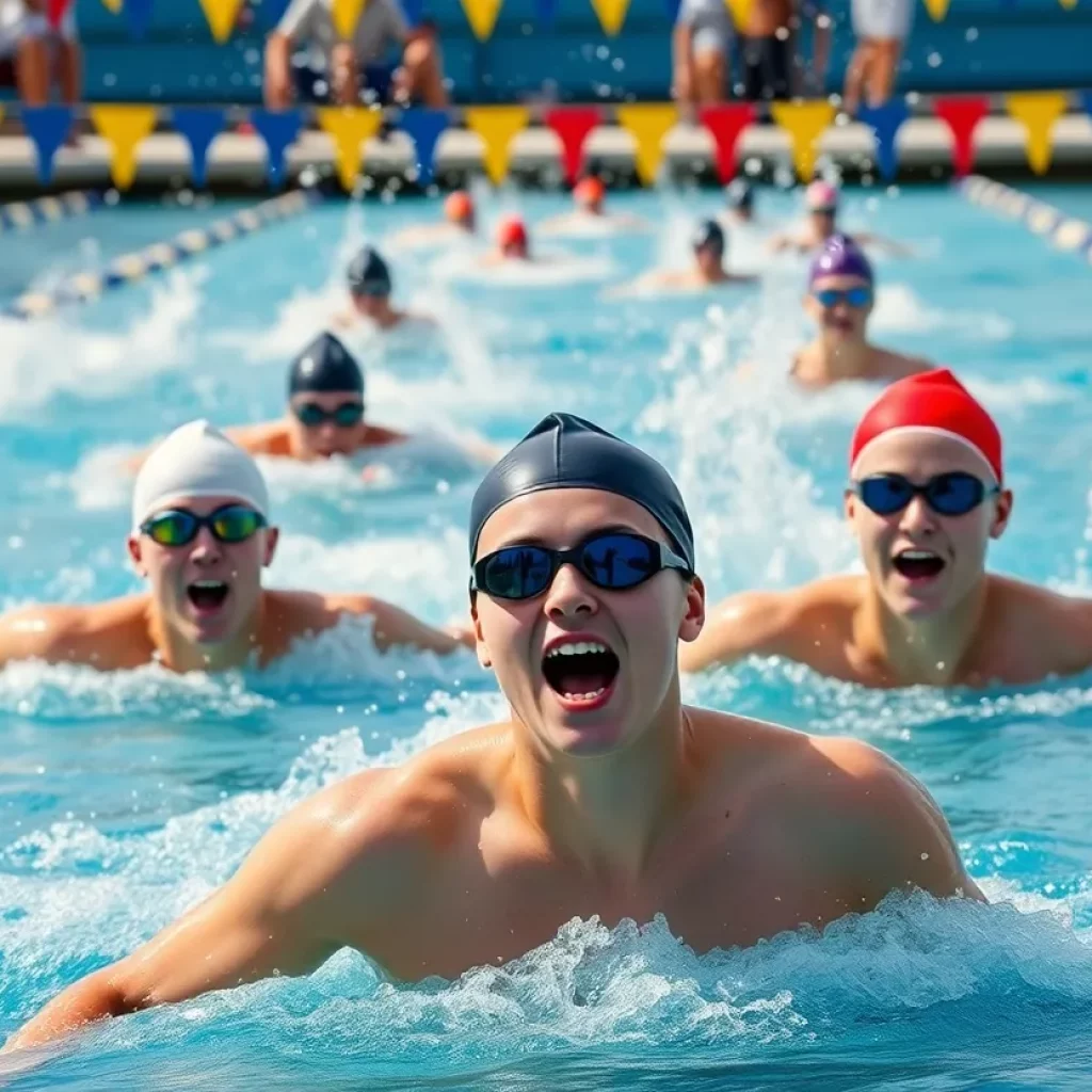 Athletes competing in a high-energy swimming event in a pool.