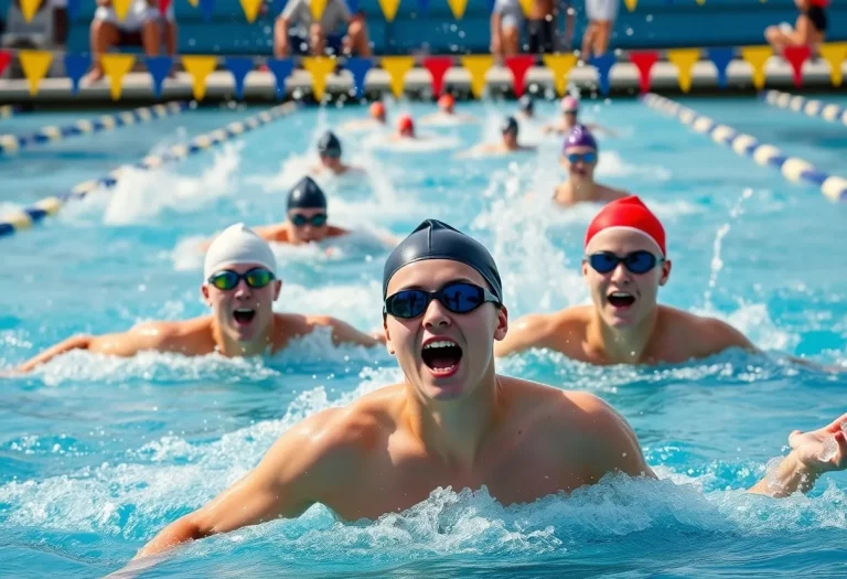 Athletes competing in a high-energy swimming event in a pool.