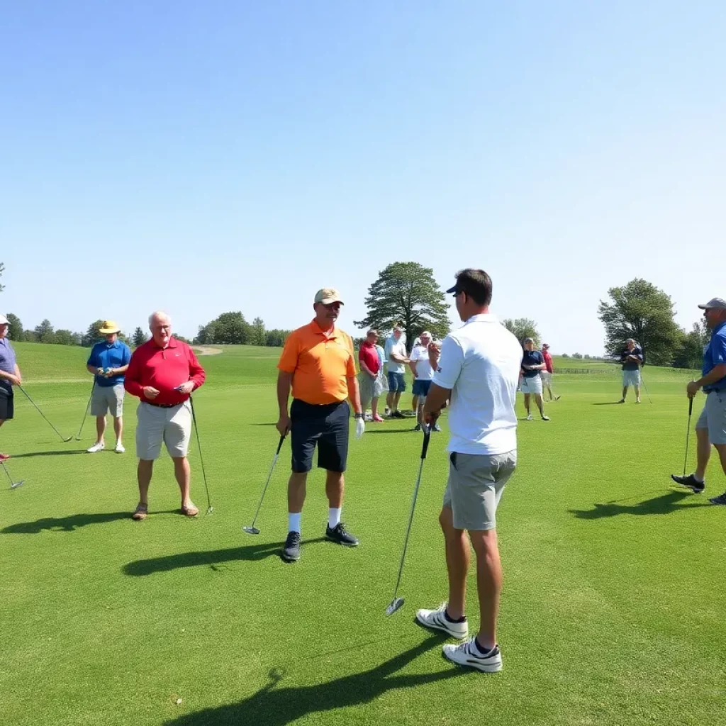 Former lacrosse players enjoying a benefit golf scramble at the Golden Eagle Golf Club.