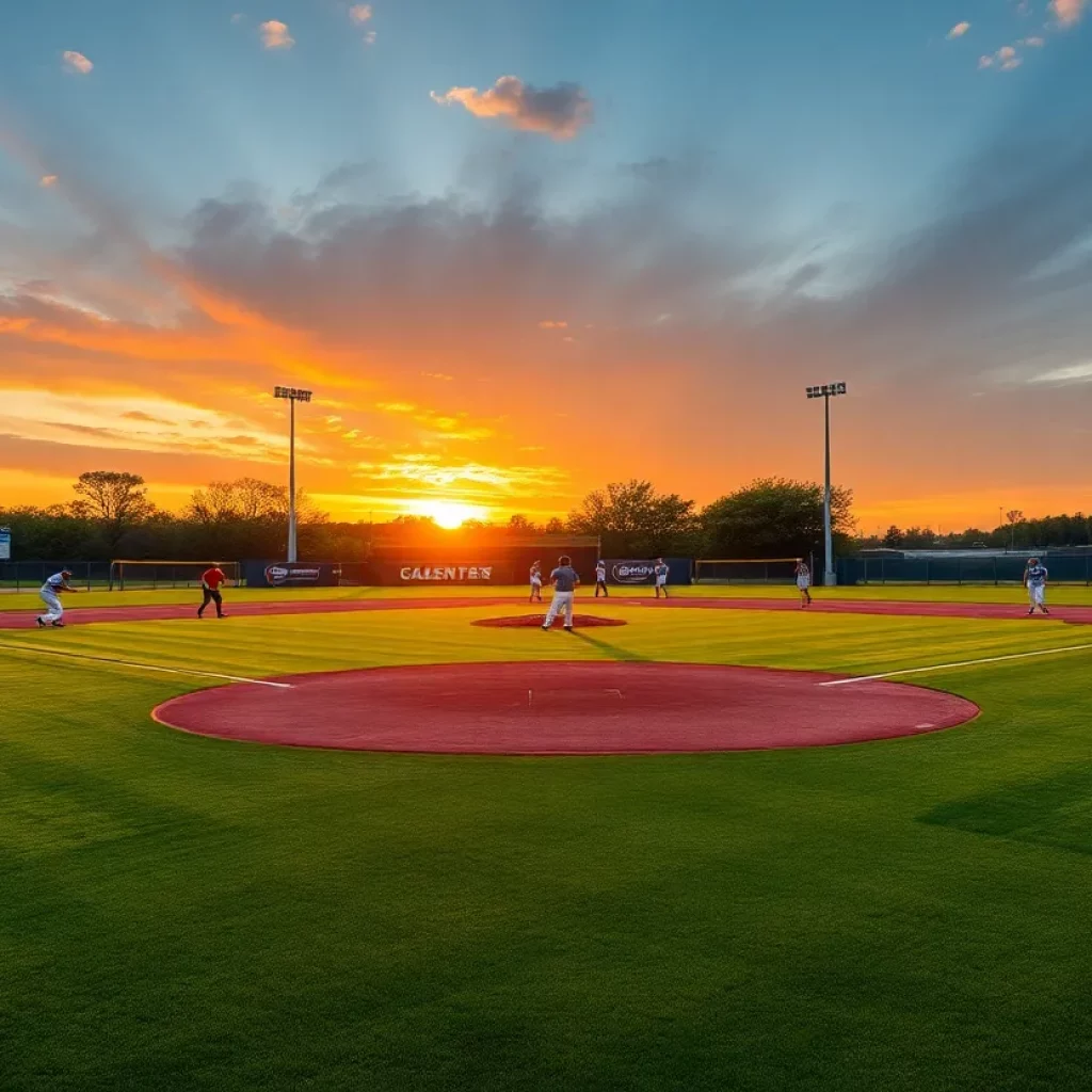 Corona High baseball players practicing on the field during sunset