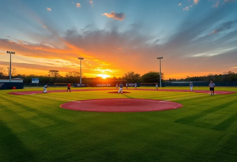 Corona High baseball players practicing on the field during sunset