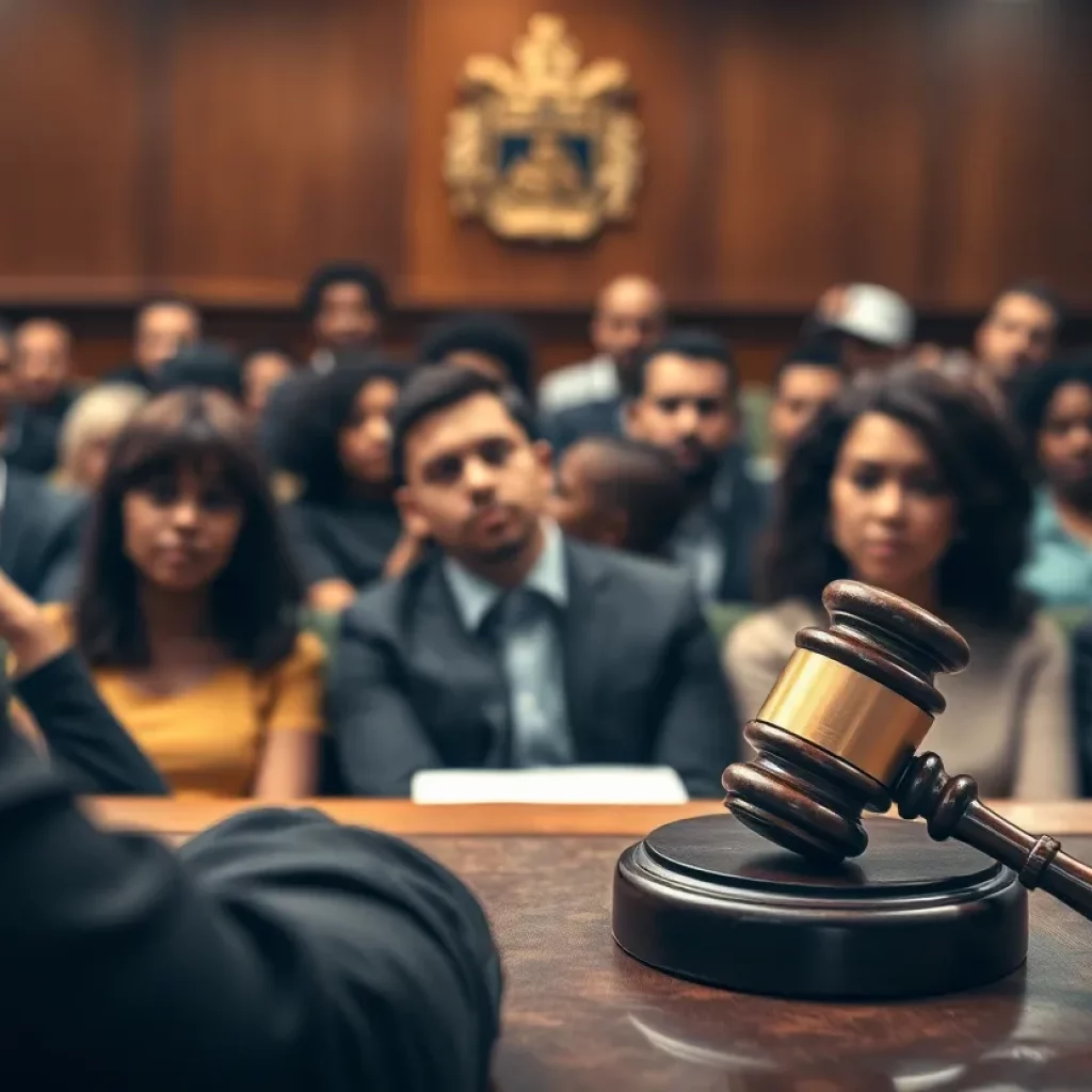 Courtroom during trial with a diverse crowd present