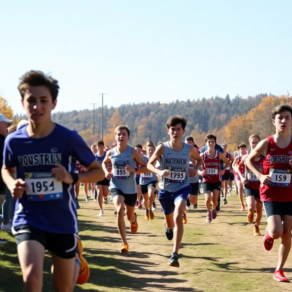 High school cross country runners racing on a track with spectators in the background.