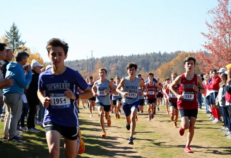 High school cross country runners racing on a track with spectators in the background.