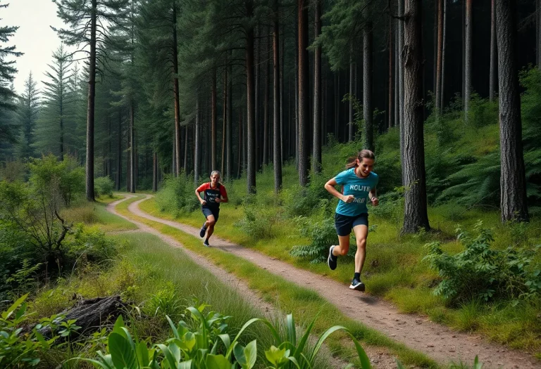 Athletes participating in a cross country race on a forest trail.
