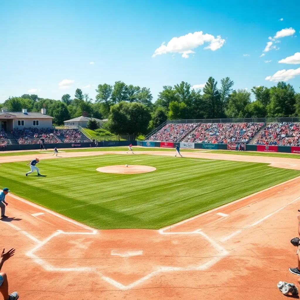 High school baseball game between Davenport and Pleasant Valley with players in action.