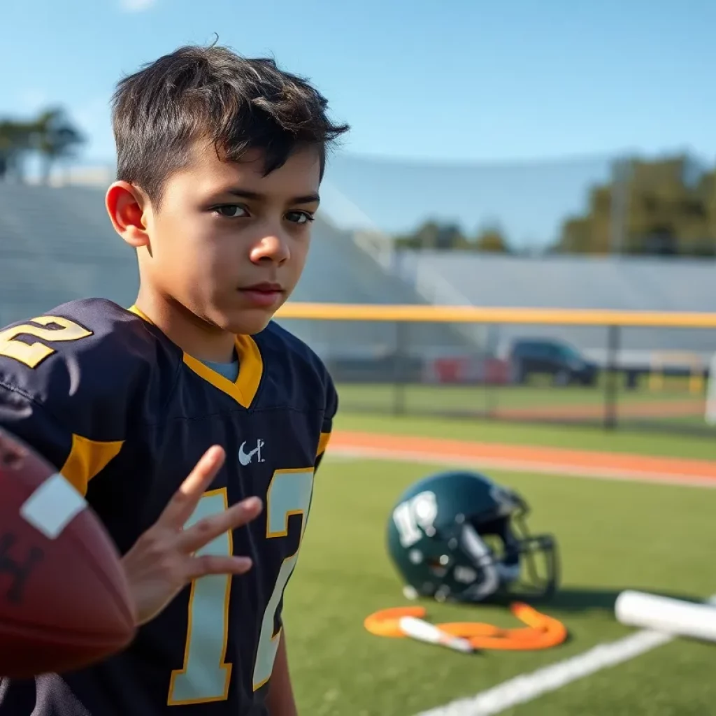 Young athlete showcasing dual sports talent in football and baseball.