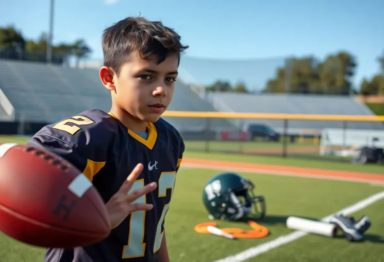 Young athlete showcasing dual sports talent in football and baseball.