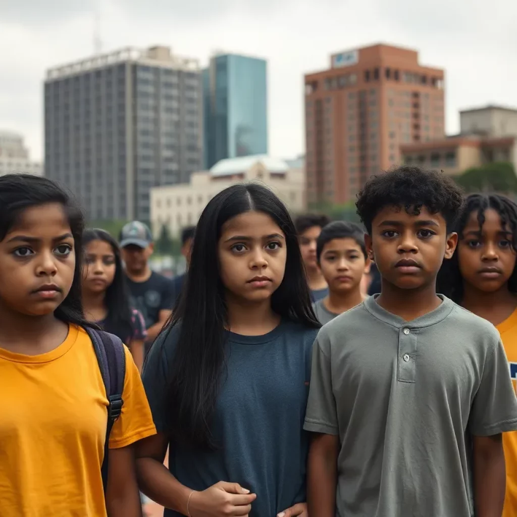 Families and students in Downtown L.A. surrounded by urban scenery, expressing concern over immigration issues.