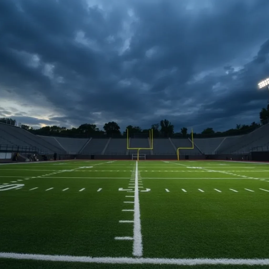 Empty football field at D.W. Daniel High School under a cloudy sky.