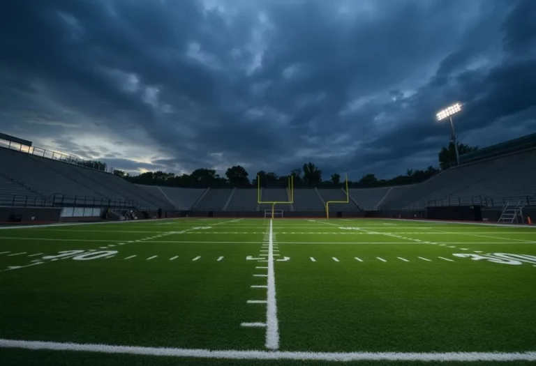 Empty football field at D.W. Daniel High School under a cloudy sky.