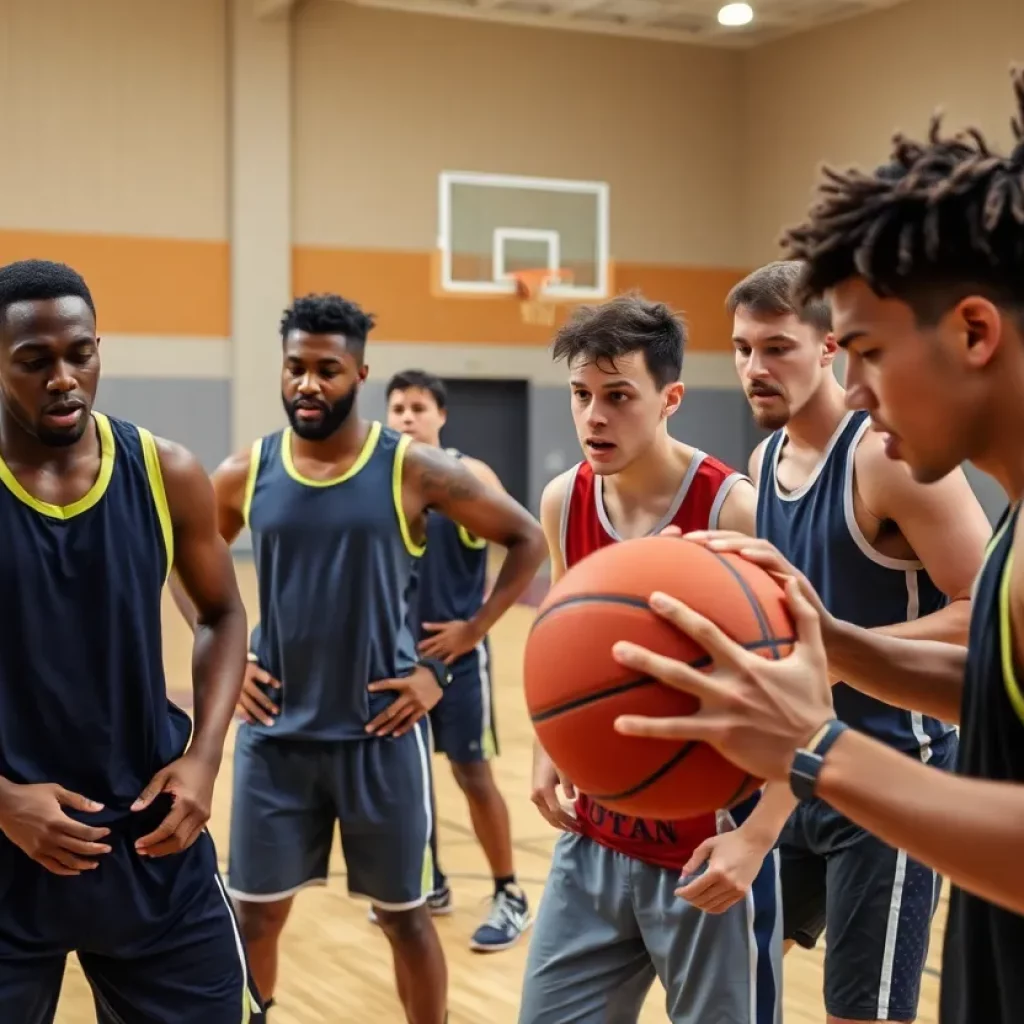 Diverse group of high school basketball players practicing in a gym