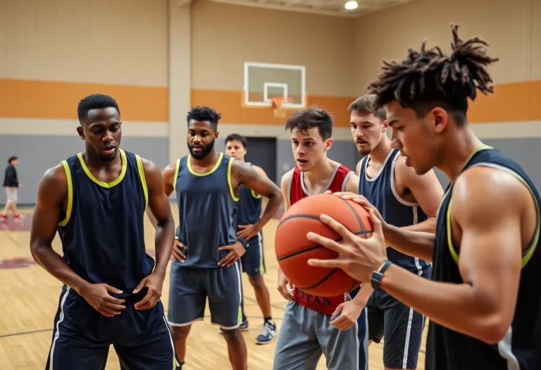 Diverse group of high school basketball players practicing in a gym